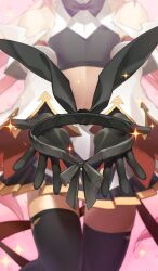 1boy astolfo_(fate) astolfo_(saber)_(fate) astolfo_(saber)_(first_ascension)_(fate) bare_shoulders black_bow black_bowtie black_gloves black_skirt black_thighhighs bow bowtie commentary crop_top detached_sleeves fate/grand_order fate_(series) gloves head_out_of_frame holding leg_up midriff miniskirt nowaki_nakasane object_focus official_art pink_background pleated_skirt pov skirt solo sparkle thighhighs third-party_source trap unworn_fake_animal_ears