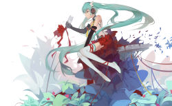 Rule 34 | 1girl, aqua eyes, bad id, bad pixiv id, bare shoulders, black gloves, elbow gloves, gloves, hair ornament, hatsune miku, headphones, highres, huanxiang heitu, leg ribbon, long hair, md5 mismatch, microphone, microphone stand, ribbon, shirt, sitting, skirt, solo, thighhighs, twintails, very long hair, vocaloid, white thighhighs, wide sleeves, zettai ryouiki