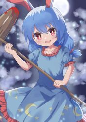 Rule 34 | 1girl, absurdres, ambiguous red liquid, blue dress, blue hair, dress, hammer, high meron, highres, holding, holding hammer, moon, night, night sky, red eyes, seiran (touhou), short sleeves, sky, smile, solo, star (symbol), star print, touhou