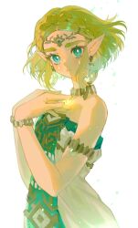 Rule 34 | 1girl, aqua eyes, armlet, bare shoulders, blonde hair, bracelet, braid, breasts, circlet, cowboy shot, dress, earrings, gold necklace, hands on own chest, highres, inuyama (inuhill), jewelry, looking at viewer, multicolored clothes, multicolored dress, necklace, nintendo, parted bangs, parted lips, pointy ears, princess zelda, short hair, side braids, sidelocks, small breasts, solo, teardrop, the legend of zelda, the legend of zelda: tears of the kingdom, thick eyebrows, white background