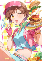 Rule 34 | 1boy, 1girl, belt, blue shirt, blue skirt, blush, breasts, brown eyes, brown hair, burger, chibi, chibi inset, collarbone, dot nose, fingerless gloves, food, french fries, gloves, hands up, holding, holding food, holding tray, honda mio, idolmaster, idolmaster cinderella girls, idolmaster cinderella girls starlight stage, jacket, looking at viewer, medium breasts, miniskirt, multiple bracelets, navel, one eye closed, open clothes, open jacket, open mouth, p-head producer, pink belt, pink gloves, pink headwear, pink jacket, print jacket, producer (idolmaster), shirt, short hair, short sleeves, skirt, smile, star (symbol), star print, tray, visor cap, yellow background, zattape