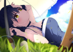 Rule 34 | 1girl, 2023, arm up, bare arms, black choker, black dress, black hair, black hairband, blue sky, blurry, blush, breasts, choker, closed mouth, cloud, collarbone, commentary request, dated commentary, depth of field, dress, dutch angle, eyelashes, eyes visible through hair, frilled choker, frilled dress, frills, from side, grass, hair between eyes, hairband, hand on own head, hand up, highres, holding hands, kushima kamome, kyamiuu, large breasts, lens flare, light smile, long hair, looking at viewer, lying, on back, on grass, sky, sleeveless, sleeveless dress, solo, summer, summer pockets, umbrella, under umbrella, white umbrella, yellow eyes