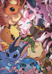 :&lt; :3 animal_focus closed_eyes creatures_(company) entangled espeon evolutionary_line fins flareon game_freak gen_1_pokemon gen_2_pokemon gen_4_pokemon gen_6_pokemon glaceon head_fins highres jolteon leafeon looking_at_viewer multiple_others nako_(nekono_shippo75) nintendo no_humans pokemon pokemon_(creature) smile sylveon umbreon vaporeon