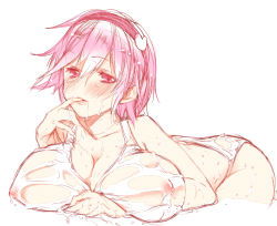 Rule 34 | 1girl, alternate breast size, bikini, blush, breasts, cleavage, collarbone, come hither, covered erect nipples, finger in own mouth, finger sucking, hairband, heart, huge breasts, komeiji satori, kurokuro, large breasts, looking at viewer, pink eyes, pink hair, solo, swimsuit, touhou, wet, wet clothes, wet hair, wet swimsuit, white bikini