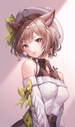 Rule 34 | 1girl, animal ears, belt, beret, black belt, black skirt, bow, breasts, cat ears, collarbone, earrings, green bow, grey sweater, hair bow, halterneck, hat, head tilt, highres, impossible clothes, jewelry, kemonomimi mode, looking at viewer, lunacle, medium breasts, miori celesta, miori celesta (2nd costume), off-shoulder sweater, off shoulder, pink eyes, short hair, skirt, solo, sweater, tongue, tongue out, tsunderia, virtual youtuber, white hat