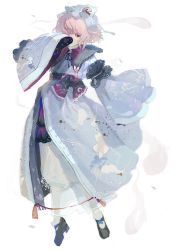 Rule 34 | 1girl, bad id, bad twitter id, black footwear, blue hat, blue kimono, blue ribbon, cherry blossoms, footwear ribbon, full body, hand up, hat, highres, hitodama, japanese clothes, kimono, kusariuta, long sleeves, mob cap, petals, pink hair, red eyes, ribbon, saigyouji yuyuko, shoes, short hair, socks, solo, touhou, triangular headpiece, white background, white socks, wide sleeves