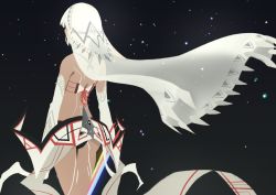 Rule 34 | 1girl, 3four, altera (fate), back, bare shoulders, black panties, bra, commentary, cowboy shot, dark skin, dark-skinned female, detached sleeves, facing away, fate/grand order, fate (series), from behind, holding, holding sword, holding weapon, legs together, panties, photon ray (fate), short hair, silver hair, solo, standing, sword, tattoo, underwear, veil, weapon