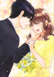 Rule 34 | 1boy, 1girl, black hair, blush, braid, brown hair, dress, closed eyes, flower, formal, glasses, hand on another&#039;s cheek, hand on another&#039;s face, hetero, long sleeves, looking at another, original, suit, ueno haruki, yellow dress