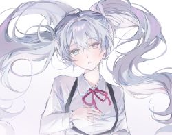 Rule 34 | 1girl, 25-ji miku, blouse, blue eyes, collared shirt, hatsune miku, heterochromia, highres, long hair, long sleeves, looking at viewer, nao (naooo 1230), neck ribbon, parted lips, pink eyes, pink ribbon, project sekai, ribbon, shirt, silver hair, sketch, solo, twintails, upper body, vocaloid, white background, white shirt
