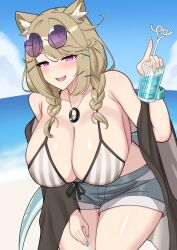 1girl :d akino_moku animal_ear_fluff animal_ears aqua_nails arknights arm_up beach bikini blonde_hair blush braid breasts cleavage come_hither commentary cowboy_shot cup day drink drinking_glass drinking_straw fang fingernails grey_bikini grey_shorts hair_ornament hairclip hand_on_own_thigh highres holding holding_drink huge_breasts jewelry long_fingernails looking_at_viewer medium_hair nail_polish official_alternate_costume open_mouth outdoors pendant purple-tinted_eyewear purple_eyes round_eyewear sharp_fingernails shorts side_braids skin_fang smile solo standing swimsuit tinted_eyewear twin_braids utage_(arknights) utage_(summer_flowers)_(arknights) x_hair_ornament