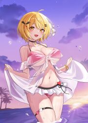 Rule 34 | 1girl, ahoge, alternate costume, b grade, bare shoulders, bikini, bikini skirt, black choker, blonde hair, breasts, choker, cleavage, fang, front-tie top, gradient sky, hair ornament, hairclip, halterneck, highres, hololive, large breasts, lifted by self, navel, open clothes, open mouth, outdoors, pink bikini, see-through, short hair, skindentation, sky, smile, solo, stomach, strap gap, string bikini, sunset, swimsuit, thigh strap, thighs, virtual youtuber, wading, water, wet, yellow eyes, yozora mel