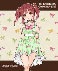 Rule 34 | 10s, 1girl, brown eyes, brown hair, character name, clothes lift, hair ribbon, idolmaster, idolmaster cinderella girls, mitsuwo320, ogata chieri, ribbon, short twintails, skirt, skirt lift, solo, twintails