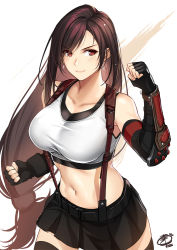 Rule 34 | 1girl, belt, belt buckle, black belt, black bra, black gloves, black skirt, bra, breasts, brown hair, brown thighhighs, buckle, collarbone, earrings, elbow gloves, final fantasy, final fantasy vii, final fantasy vii remake, gloves, hair over one eye, jewelry, large breasts, lips, long hair, looking at viewer, low tied hair, navel, okitakung, partially fingerless gloves, pleated skirt, red eyes, signature, simple background, skirt, smile, solo, sports bra, suspenders, tank top, taut clothes, thighhighs, tifa lockhart, toned, underwear, upper body, white background, white tank top