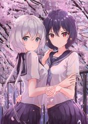 Rule 34 | 2girls, black hair, black skirt, blue eyes, blush, breasts, cherry blossoms, collarbone, commentary, hair between eyes, hair ornament, hair ribbon, hand on another&#039;s waist, highres, konno junko, long hair, looking at viewer, low twintails, marinesnow, medium breasts, mizuno ai, multiple girls, open mouth, pleated skirt, rain, red eyes, ribbon, school uniform, serafuku, shirt, short hair, silver hair, skirt, smile, twintails, wet, wet clothes, white shirt, yuri, zombie land saga