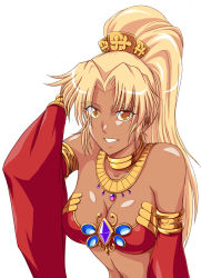Rule 34 | 1girl, akuron (acllon), blonde hair, breasts, cleavage, dark-skinned female, dark skin, detached sleeves, hair intakes, hand up, high ponytail, highres, jewelry, looking at viewer, navel, neck ring, orange eyes, parted lips, sasha (sennen sensou aigis), sennen sensou aigis, simple background, solo, upper body, usekh collar, white background