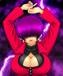 Rule 34 | 1girl, arms up, breasts, cleavage, cleavage cutout, clothing cutout, earrings, fatal fury, hair over eyes, huge breasts, impossible clothes, jewelry, large breasts, leotard, lightning, lightning bolt symbol, lipstick, lowres, makeup, nail polish, pluco, purple hair, shermie (kof), smile, solo, split ponytail, the king of fighters, twintails