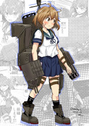 Rule 34 | 1girl, adapted turret, bandaid, bandaid on face, blue neckerchief, blue sailor collar, blue skirt, brown eyes, brown hair, cannon, commentary request, full body, highres, kantai collection, machinery, neckerchief, oboro (kancolle), pleated skirt, sailor collar, school uniform, senon, serafuku, short hair, skirt, smokestack, solo, standing, torpedo launcher, turret