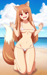 Rule 34 | 1girl, :d, animal ear fluff, animal ears, bare arms, bare legs, bare shoulders, barefoot, beach, bikini, blue sky, breasts, breasts apart, cameltoe, claw pose, cloud, collarbone, commentary request, commission, covered erect nipples, cumulonimbus cloud, curvy, eyes visible through hair, fang, full body, gluteal fold, groin, hands up, holo, kneeling, knees together feet apart, looking at viewer, medium breasts, micro bikini, navel, ocean, open mouth, parted bangs, pixiv commission, red eyes, shiny skin, sky, smile, solo, spice and wolf, stomach, swimsuit, tail, tail raised, thigh gap, thighs, tiptoes, w arms, white bikini, wolf ears, wolf girl, wolf tail, zetsumu