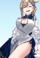 Rule 34 | 1girl, :3, :d, ^ ^, absurdres, animal ears, arknights, blonde hair, blue background, bracelet, braid, breasts, china dress, chinese clothes, cleavage, cleavage cutout, closed eyes, clothing cutout, commentary, dokmin4, dress, french braid, highres, jewelry, kroos (arknights), kroos the keen glint (along the corridor) (arknights), kroos the keen glint (arknights), large breasts, leaning on object, long hair, official alternate costume, open mouth, rabbit ears, rabbit girl, simple background, smile, solo, standing, teeth, thighs, upper teeth only, white dress