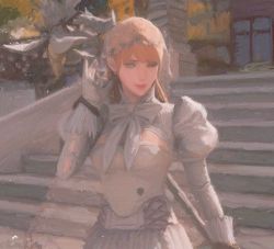Rule 34 | 1693193543, 1girl, blonde hair, blue eyes, bow, fantasy, final fantasy, final fantasy xiv, gloves, highres, holding, holding staff, light particles, long hair, one eye closed, outdoors, painterly, puffy sleeves, see-through, smile, staff, stairs, warrior of light (ff14), white bow, white gloves, white mage (final fantasy)