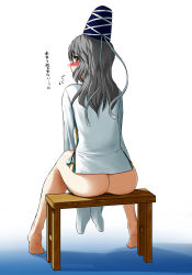 Rule 34 | 1girl, ass, barefoot, between legs, blush, bottomless, butt crack, feet, female focus, from behind, full body, grey hair, hand between legs, hat, hat ribbon, japanese clothes, kariginu, long hair, looking at viewer, looking back, mononobe no futo, naked shirt, qoom, ribbon, shirt, simple background, sitting, solo, stool, tate eboshi, touhou, translation request, white background
