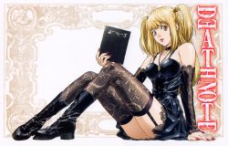 Rule 34 | 00s, 1girl, amane misa, arm support, bare shoulders, black footwear, black thighhighs, blonde hair, boots, choker, copyright name, death note, death note (object), detached sleeves, female focus, fingernails, garter belt, garter straps, gloves, gonzo, goth fashion, highres, legs, lipstick, long hair, looking at viewer, makeup, mall goth, nail polish, non-web source, obata takeshi, official art, orange eyes, red nails, scan, sitting, solo, thighhighs, two side up