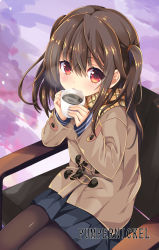 Rule 34 | 1girl, black pantyhose, black skirt, blush, brown coat, brown hair, chair, coat, coffee, cup, drinking, duffel coat, hair between eyes, highres, holding, holding cup, legs together, long hair, looking at viewer, original, pantyhose, plaid, plaid scarf, pleated skirt, red eyes, scarf, sitting, skirt, solo, sumisuzu, two side up, yellow scarf