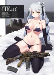 Rule 34 | 1girl, arm support, assault rifle, bad id, bad pixiv id, bare shoulders, bikini, black bikini, black gloves, black ribbon, black scrunchie, black thighhighs, blanket, blush, breasts, breasts apart, character name, collarbone, commentary, cross hair ornament, elbow gloves, facial mark, full body, girls&#039; frontline, gloves, gluteal fold, green eyes, gun, h&amp;k hk416, hair ornament, hair ribbon, hair scrunchie, heckler &amp; koch, highres, hk416 (girls&#039; frontline), hk416 (starry cocoon) (girls&#039; frontline), indoors, lamp, large breasts, long hair, looking at viewer, low twintails, magazine (weapon), narynn, navel, no shoes, on bed, parted lips, partially visible vulva, pillow, ribbon, rifle, sanpaku, scope, scrunchie, shadow, sidelocks, silver hair, sitting, skindentation, solo, stomach, swimsuit, table, thighhighs, twintails, v-shaped eyebrows, vase, wariza, weapon