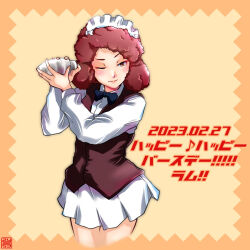 Rule 34 | 1girl, artist logo, bartender, birthday, black bow, black bowtie, blush stickers, bow, bowtie, brown vest, closed mouth, cocktail shaker, commentary, cowboy shot, curly hair, cutlass (girls und panzer), dated, dress shirt, eighth note, girls und panzer, handkerchief, happy birthday, holding, long sleeves, looking at viewer, maid headdress, musical note, nishi itsumi, one eye closed, red eyes, red hair, rum (girls und panzer), shirt, short hair, smile, solo, standing, translated, vest, white shirt, wing collar