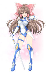 Rule 34 | 1girl, :d, alternate breast size, alternate costume, armor, blush, bodysuit, boots, bow, breastplate, breasts, brown eyes, brown hair, cherry blossoms, collar, contrapposto, cosplay, elbow gloves, faulds, female focus, floral background, frills, full body, gem, ginga ojou-sama densetsu yuna, gloves, gradient background, greaves, grey hair, hair between eyes, hair bow, hair tubes, hakurei reimu, hand on hilt, high heel boots, high heels, highres, kagurazaka yuna, kagurazaka yuna (cosplay), kamiya tomoe, knee boots, large breasts, leotard, long hair, one side up, open mouth, outstretched arm, pauldrons, planted, planted sword, planted weapon, polka dot, polka dot background, shoulder armor, sidelocks, smile, solo, standing, sword, thigh strap, touhou, vambraces, very long hair, weapon, white gloves, wide ponytail