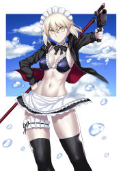 Rule 34 | 1girl, apron, artoria pendragon (all), artoria pendragon (alter swimsuit rider) (fate), artoria pendragon (alter swimsuit rider) (second ascension) (fate), artoria pendragon (fate), bikini, bikini under clothes, black bow, black bowtie, black jacket, black skirt, black thighhighs, blonde hair, blush, bnc (bunshi), bow, bowtie, braid, breasts, breasts apart, bridal garter, broom, choker, cleavage, cloud, cloudy sky, commentary request, cowboy shot, day, fate/grand order, fate (series), french braid, frilled apron, frilled choker, frilled skirt, frills, groin, gun, hair between eyes, hair bun, hand on own hip, hand up, handgun, highres, holding, holding broom, holding gun, holding weapon, hood, hood down, hooded jacket, jacket, legs apart, long sleeves, looking at viewer, maid, maid bikini, maid headdress, medium breasts, miniskirt, mop, navel, open clothes, open jacket, saber (fate), saber alter, short hair, sidelocks, single hair bun, skirt, sky, solo, stomach, swimsuit, thighhighs, tsurime, unconventional maid, water drop, weapon, wet, white apron, white choker, yellow eyes