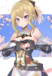 Rule 34 | 1girl, bare shoulders, belt, black ribbon, blonde hair, blue eyes, blush, breasts, cherry blossoms, cleavage, closed mouth, cross, cross earrings, detached collar, detached sleeves, ear blush, earrings, genshin impact, gloves, hair between eyes, hands up, heart, heart hands, high ponytail, highres, jean (genshin impact), jewelry, large breasts, light smile, looking at viewer, pants, raised eyebrows, ribbon, signature, solo, sparkle, strapless, tareme, white pants, yasutomo! (akuasky)