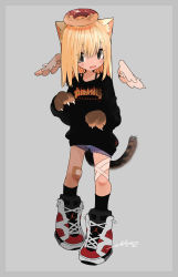 Rule 34 | 1girl, absurdres, animal ears, animal hands, bandaid, bandaid on knee, bandaid on leg, black shirt, black socks, blonde hair, blush, cat ears, cat paws, cat tail, detached wings, doughnut, fang, food, food on head, full body, grey background, hair between eyes, highres, long hair, long sleeves, looking at viewer, maymay pic, object on head, on head, open mouth, original, shirt, shoes, shorts, signature, simple background, socks, solo, standing, tail, thrasher magazine, wings