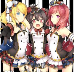 Rule 34 | 10s, 3girls, :d, ayase eli, bare shoulders, bibi (love live!), black gloves, black hair, blonde hair, blue eyes, cafe maid (love live!), checkered clothes, checkered skirt, cowboy shot, double m/, elbow gloves, frills, garter straps, girl sandwich, gloves, hair between eyes, hand on own hip, hat, height difference, koruta (nekoimo), looking at viewer, love live!, love live! school idol festival, love live! school idol project, m/, mini hat, mini top hat, miniskirt, multiple girls, musical note, nico nico nii, nishikino maki, off shoulder, open mouth, pleated skirt, purple eyes, reaching, reaching towards viewer, red eyes, red hair, sandwiched, serious, short hair, short twintails, skirt, smile, thighhighs, top hat, treble clef, twintails, yazawa nico