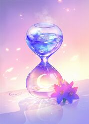 Rule 34 | chinese commentary, commentary request, crescent, flower, highres, hourglass, ice, ice cube, leaf, light particles, liquid, no humans, object focus, original, purple flower, reflection, shadow, signature, taoqi7777, water