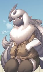 Rule 34 | 1girl, :&lt;, absol, absurdres, animal nose, artist name, black horns, black skin, black thighhighs, blue sky, body fur, breath, bright pupils, brown jacket, cloud, colored skin, crack, creatures (company), dated, drawstring, female focus, furry, furry female, game freak, gen 3 pokemon, green shorts, half-closed eyes, hands in pockets, highres, horns, jacket, long hair, neck fur, nintendo, open clothes, open jacket, open mouth, outdoors, personification, pocket, pokemon, pokemon (creature), red eyes, shirt, short shorts, short sleeves, shorts, sidelocks, signature, single horn, sitting, sky, solo, tail, thick thighs, thighhighs, thighs, very long hair, white fur, white hair, white pupils, yellow shirt, zinfyu, zipper, zipper pull tab