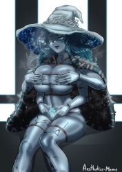Rule 34 | 1girl, aestheticc-meme, bikini, blue eyes, blue hair, blue lips, blue skin, breasts, cape, closed mouth, colored skin, commentary, cracked skin, doll joints, dress, elden ring, english commentary, extra arms, extra faces, eyepatch bikini, fur cape, hat, highres, jewelry, joints, large breasts, large hat, long hair, looking at viewer, one eye closed, pubic tattoo, ranni the witch, ring, sitting, smile, solo, steaming body, swimsuit, tattoo, white hat, witch, witch hat
