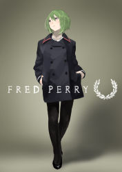 Rule 34 | 1girl, absurdres, bad id, bad pixiv id, bob cut, buttons, closed mouth, coat, double-breasted, english text, fashion, fred perry (brand), full body, green hair, hair between eyes, hands in pockets, highres, looking away, midorikawa yuhata, mole, pantyhose, purple eyes, shoes, short hair, sidonia no kishi, simple background, solo, standing