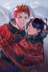 Rule 34 | 1boy, 1girl, absurdres, black gloves, black hair, blue eyes, crying, crying with eyes open, frown, gloves, hair ornament, hairclip, helmet, highres, holding hands, lingzi sang, long hair, looking at viewer, mountain, open mouth, orange hair, original, outdoors, red eyes, space helmet, tears