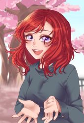 Rule 34 | 1girl, artist name, artist request, blue sky, blush, branch, breasts, cloud, day, female focus, grey sweater, hair between eyes, long sleeves, looking at viewer, love live!, love live! school idol project, medium breasts, nail polish, nishikino maki, outdoors, purple eyes, red hair, short hair, sky, solo, sweater, tree