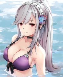 Rule 34 | 1girl, as4gi, azur lane, bare shoulders, bikini, blush, breasts, butterfly hair ornament, choker, cleavage, collarbone, day, dunkerque (azur lane), dunkerque (summer sucre) (azur lane), flower, grey hair, hair ornament, hairband, highres, large breasts, long hair, looking at viewer, outdoors, parted lips, partially submerged, pink eyes, ponytail, purple bikini, sidelocks, solo, swimsuit, upper body, wet