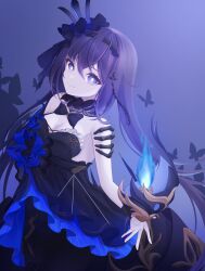 Rule 34 | 1girl, bare shoulders, black bow, black bowtie, black dress, blue fire, bow, bowtie, breasts, bug, butterfly, character request, cleavage, closed mouth, commentary request, dress, fire, hair between eyes, highres, honkai (series), honkai impact 3rd, insect, long hair, medium breasts, potato 258, purple background, purple eyes, purple hair, simple background, smile, solo, strapless, strapless dress, very long hair