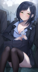 Rule 34 | 1girl, black bag, black hair, black jacket, black skirt, black thighhighs, blue shirt, blush, breasts, cleavage, commentary request, dress shirt, feet out of frame, green eyes, highres, id card, jacket, large breasts, looking to the side, mole, mole under mouth, name tag, office lady, original, pencil skirt, shirt, short hair, shougun (chuckni1), sitting, skirt, solo focus, thighhighs, train interior, wing collar