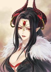 Rule 34 | 1girl, black hair, breasts, cleavage, colored eyelashes, facepaint, forehead jewel, fur trim, horn ornament, horn ring, horns, isa (peien516), jewelry, large breasts, lipstick, long hair, looking at viewer, makeup, necklace, pointy ears, red eyes, smile, solo, thunderbolt fantasy, upper body, xing hai