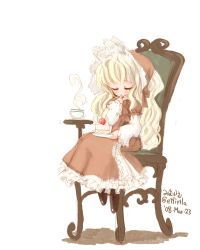 Rule 34 | 1girl, blonde hair, bonnet, cake, chair, food, mimukamu, original, solo, tea