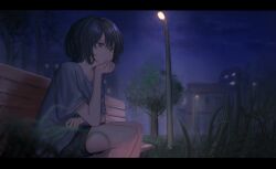 Rule 34 | 1girl, absurdres, bench, black hair, black shorts, building, cloud, cloudy sky, expressionless, grass, grey eyes, grey shirt, hair intakes, hand on own face, highres, kyano (kyanora3141), lamp, letterboxed, light, light particles, night, original, outdoors, park bench, shirt, short hair, shorts, sitting, sky, solo, t-shirt, tree
