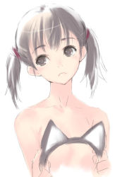 Rule 34 | 1girl, animal ears, brown hair, cat ears, female focus, flat chest, kawata hisashi, nude, routes, sketch, solo, twintails, upper body, white background