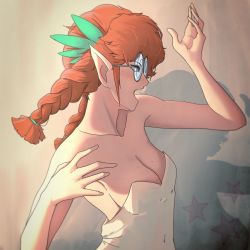 Rule 34 | backless dress, backless outfit, bare shoulders, braid, breasts, cleavage, coke-bottle glasses, dress, elliemaplefox, freckles, freckles (space dandy), glasses, hand up, highres, long hair, medium breasts, open mouth, orange hair, pointy ears, profile, sleeveless, sleeveless dress, solo, space dandy, star (symbol), strapless, strapless dress, twin braids, twintails, upper body, white dress