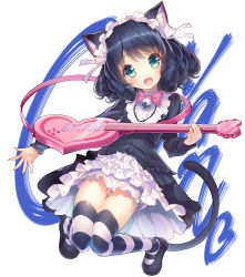 Rule 34 | 10s, 1girl, animal ears, bell, black hair, blush, cat ears, cat tail, curly hair, cyan (show by rock!!), green eyes, guitar, instrument, looking at viewer, open mouth, show by rock!!, smile, solo, sorimura youji, strawberry heart (show by rock!!), striped clothes, striped thighhighs, tail, thighhighs, white background