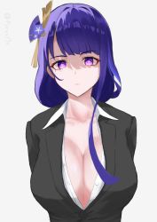Rule 34 | 1girl, absurdres, arms behind back, black jacket, breasts, cleavage, closed mouth, collarbone, collared shirt, commentary request, contemporary, eyes in shadow, flower, formal, genshin impact, hair ornament, highres, jacket, large breasts, long hair, looking at viewer, mole, mole under eye, office lady, pirumu, purple eyes, purple flower, purple hair, raiden shogun, shaded face, shirt, simple background, solo, suit, tassel, white background, white shirt